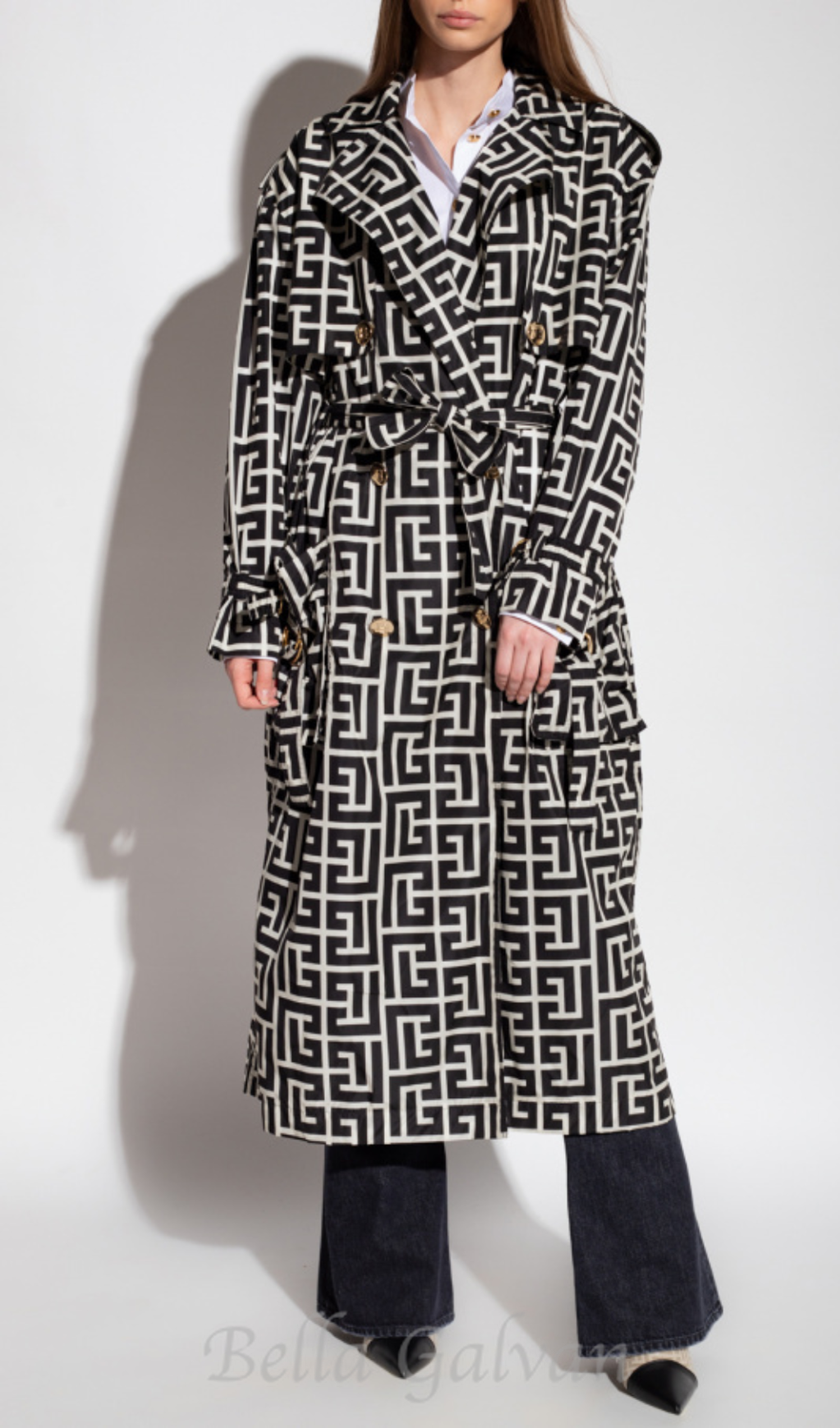 black monogrammed trench coat Flowering Girl