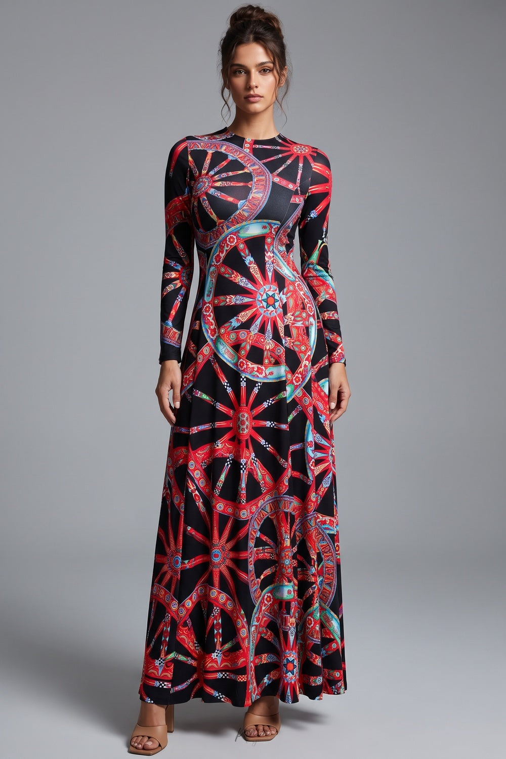 Black Stretch Jersey A-Line Maxi Dress with Geometric Wheel Print Flowering Girl