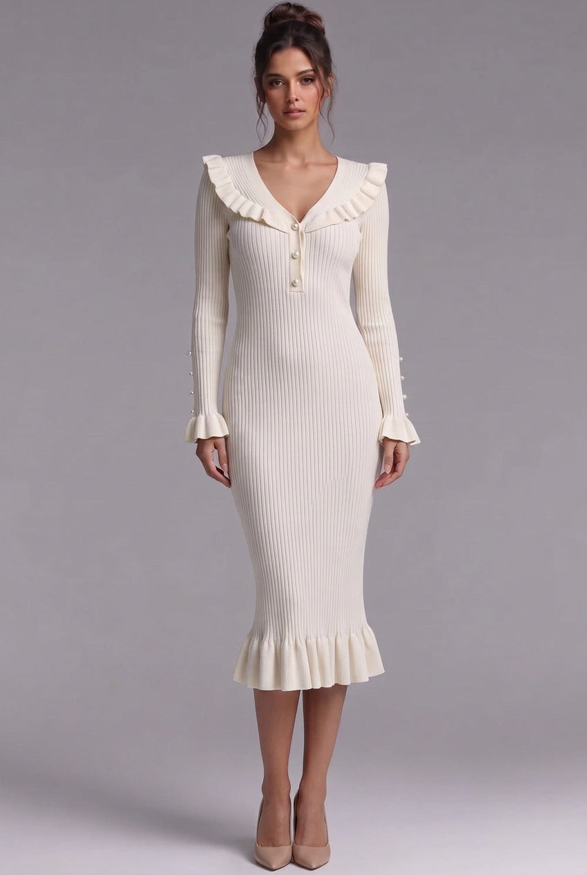 Cream Ribbed Knit Fitted Sheath Midi Dress with Ruffle Trim Flowering Girl