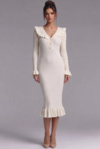 Cream Ribbed Knit Fitted Sheath Midi Dress with Ruffle Trim Flowering Girl