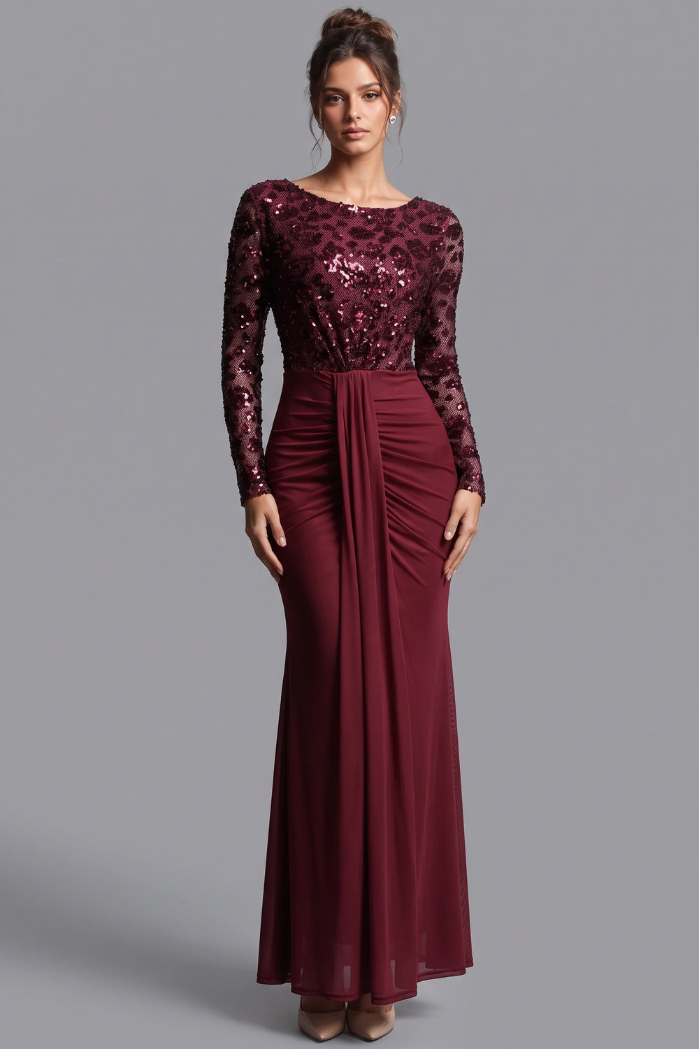 burgundy sequined mesh column evening gown Flowering Girl