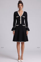 Black Heavy Compact Knit Fit-and-Flare Dress with White Scalloped Trim Flowering Girl