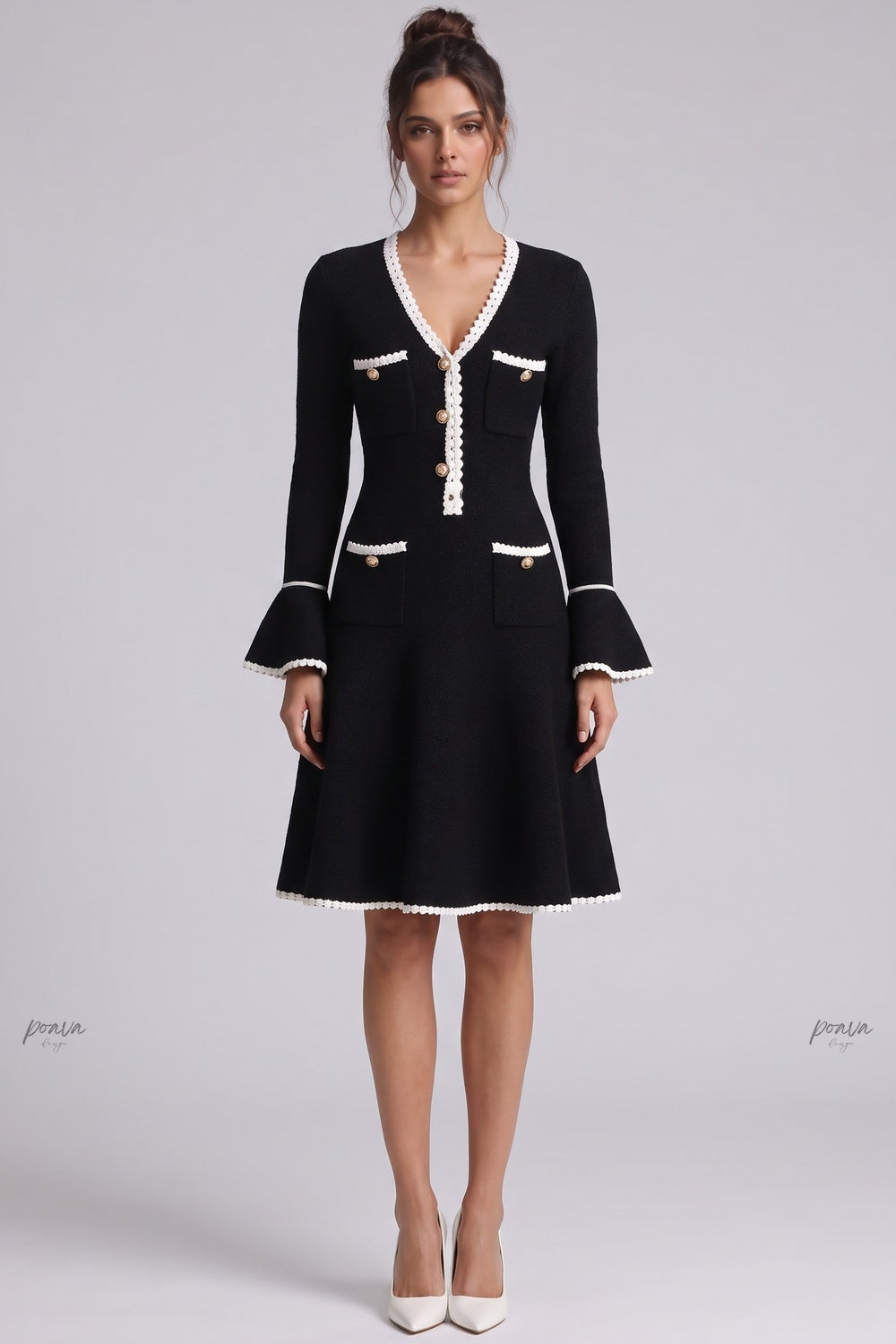 Black Heavy Compact Knit Fit-and-Flare Dress with White Scalloped Trim Flowering Girl