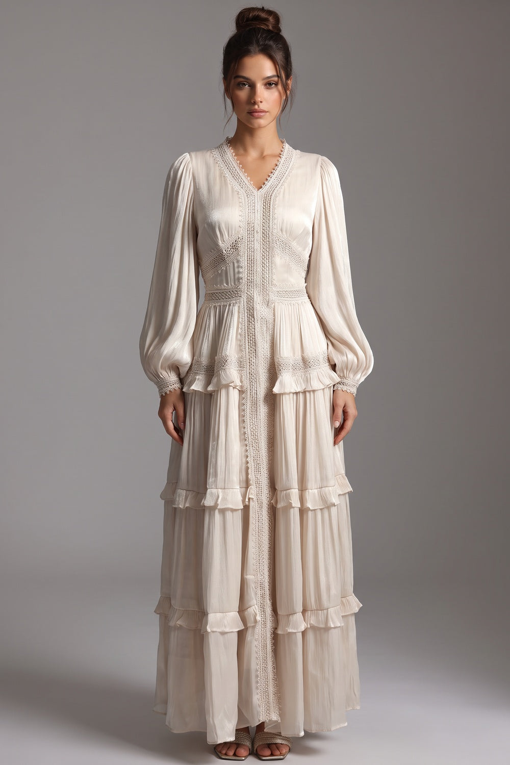 Cream Crinkled Satin Tiered A-Line Maxi Dress Flowering Girl