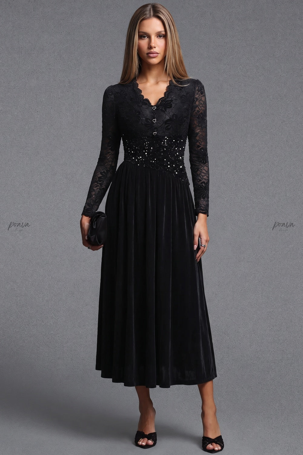 Black Velvet A-Line Midi Dress with Floral Lace and Sequin Waist Flowering Girl