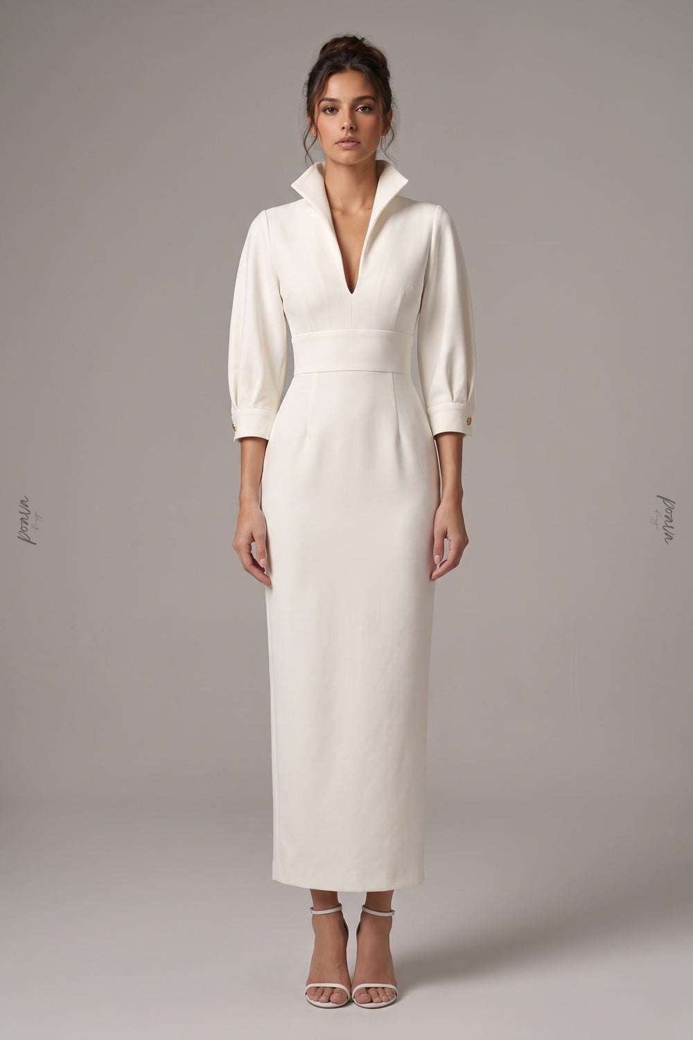 Ivory Structured Crepe Sheath Midi Dress Flowering Girl