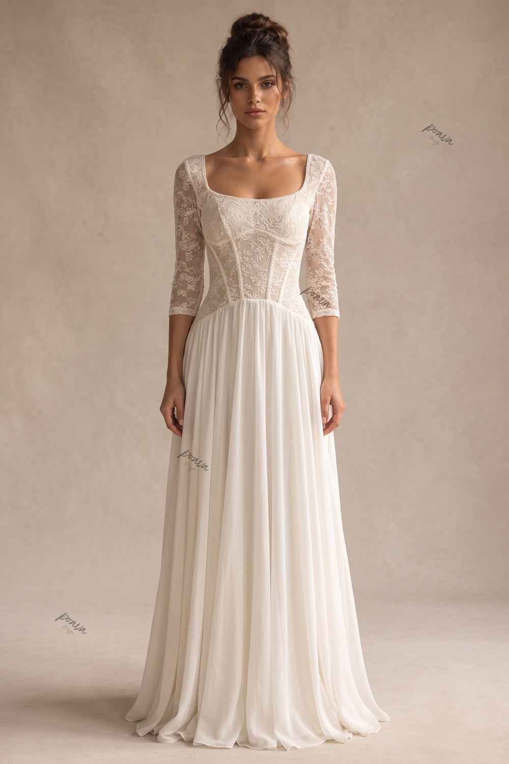 Ivory Chiffon A-Line Wedding Dress with Lace Bodice Flowering Girl