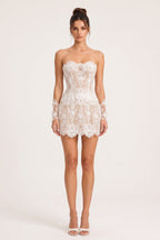 White Floral Lace Fit-and-Flare Corset Mini Dress with Detached Sleeves Flowering Girl
