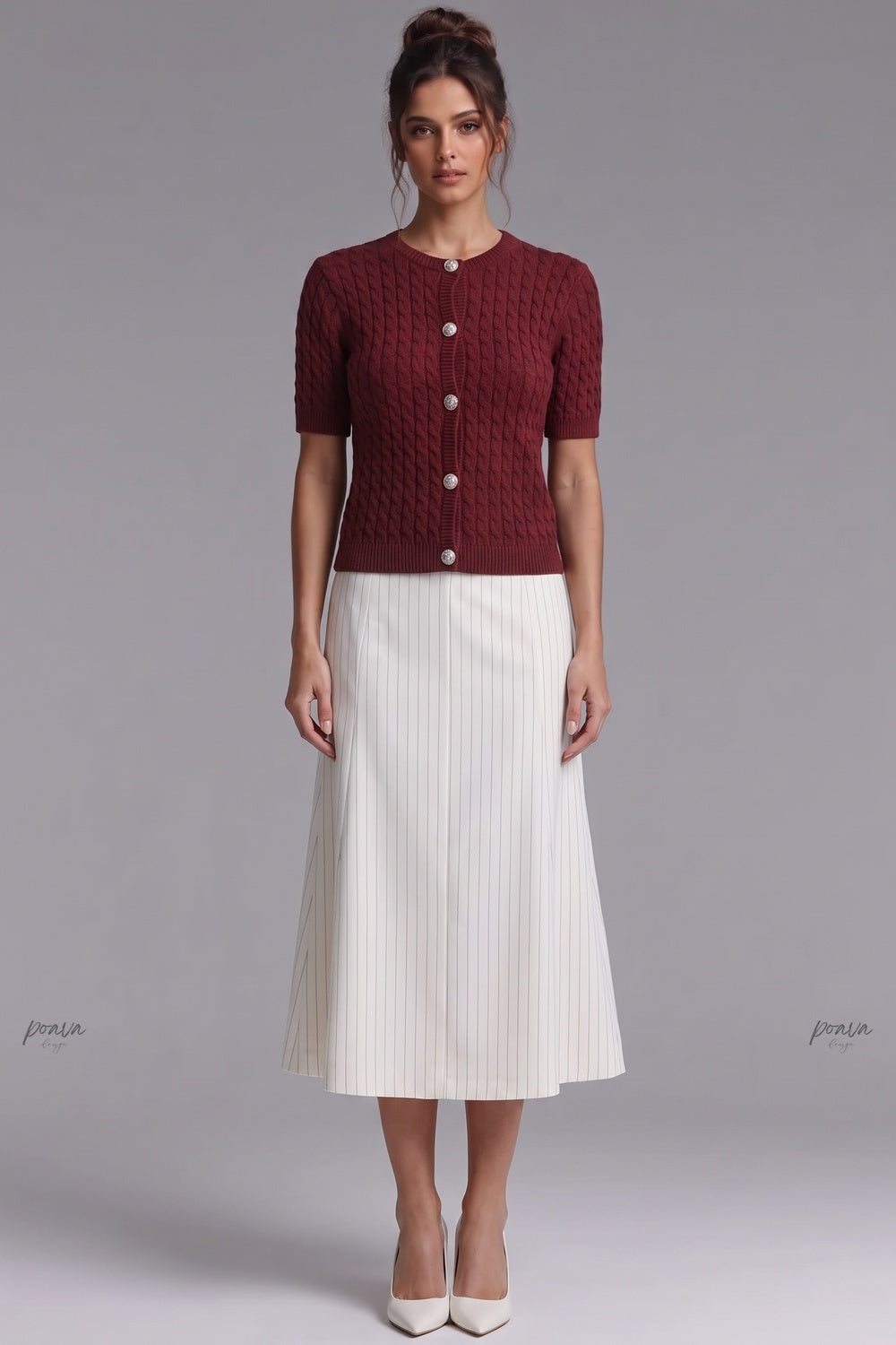 Burgundy Cable-Knit Wool Blend Fitted Short-Sleeve Cardigan Flowering Girl