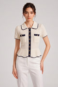 Cream Ribbed Knit Peplum Short-Sleeve Cardigan Flowering Girl