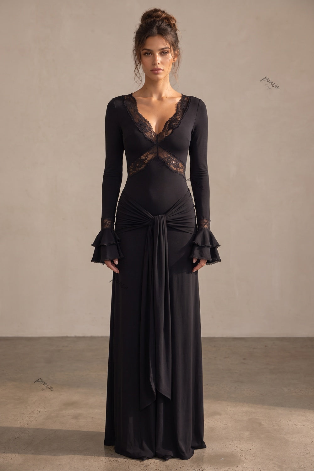 Black Stretch Maxi Dress with Lace Trim and Tiered Cuffs Flowering Girl