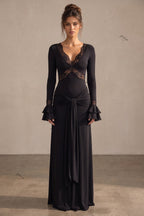 Black Stretch Maxi Dress with Lace Trim and Tiered Cuffs Flowering Girl