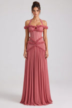 Dusty Rose Fitted Corset Gown with Tiered Ruffles and Halter Neck Flowering Girl