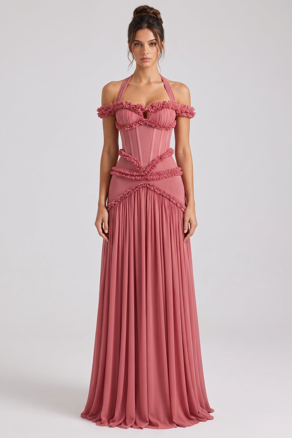 Dusty Rose Fitted Corset Gown with Tiered Ruffles and Halter Neck Flowering Girl