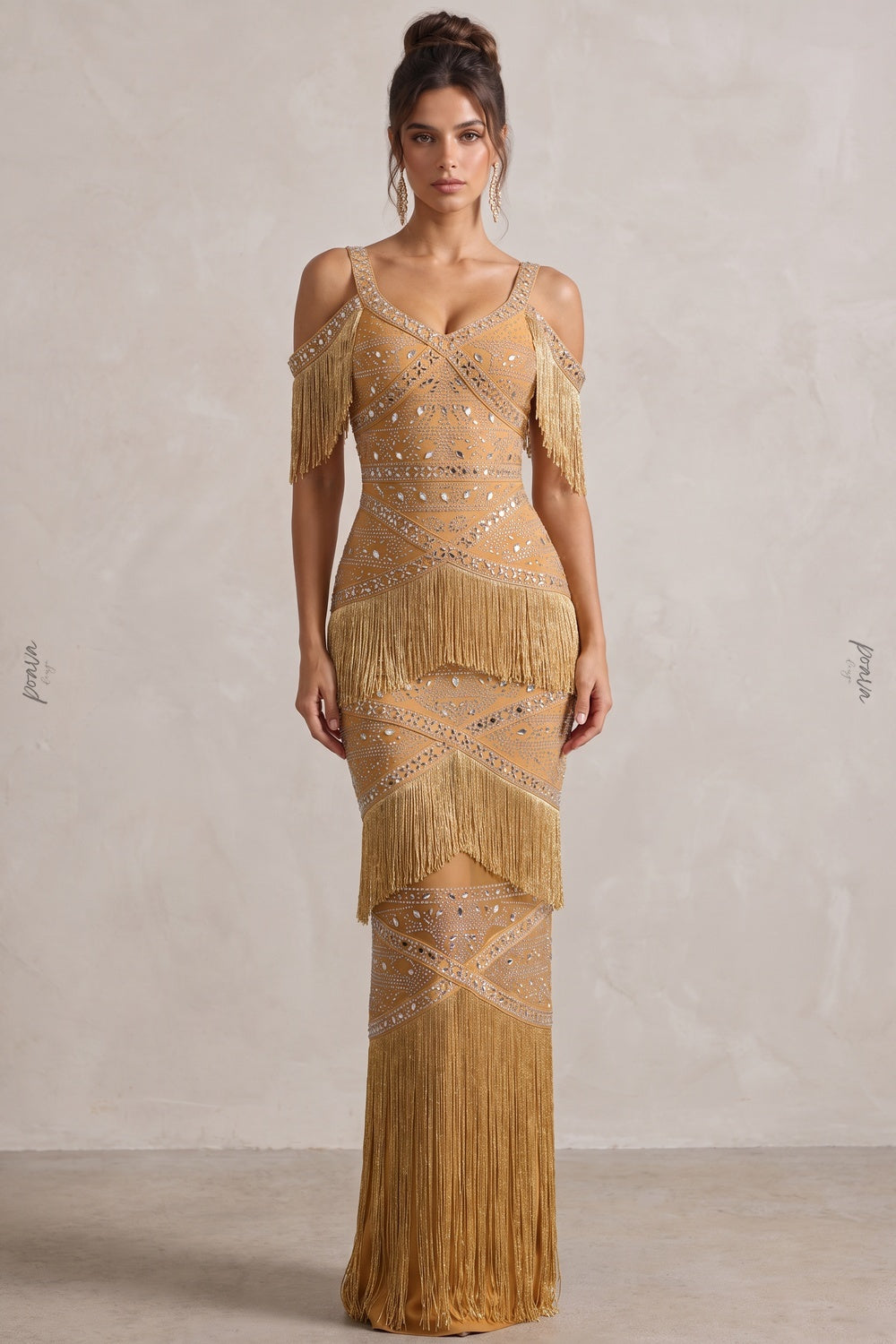 Mustard Gold Fringe Evening Gown with Rhinestone Embellishment Flowering Girl