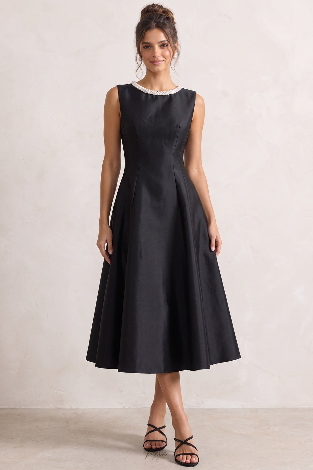 Black Structured Satin Fit-and-Flare Midi Dress with Pearl Trim Flowering Girl