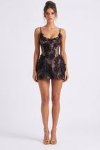 Black Lace Fit-and-Flare Mini Dress with 3D Floral Appliqués Flowering Girl