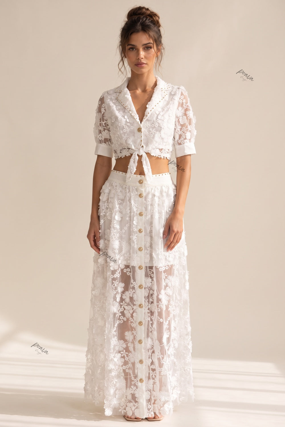 White Sheer 3D Floral Two-Piece Set with Tie-Front Cropped Top and Button-Front Maxi Skirt Flowering Girl