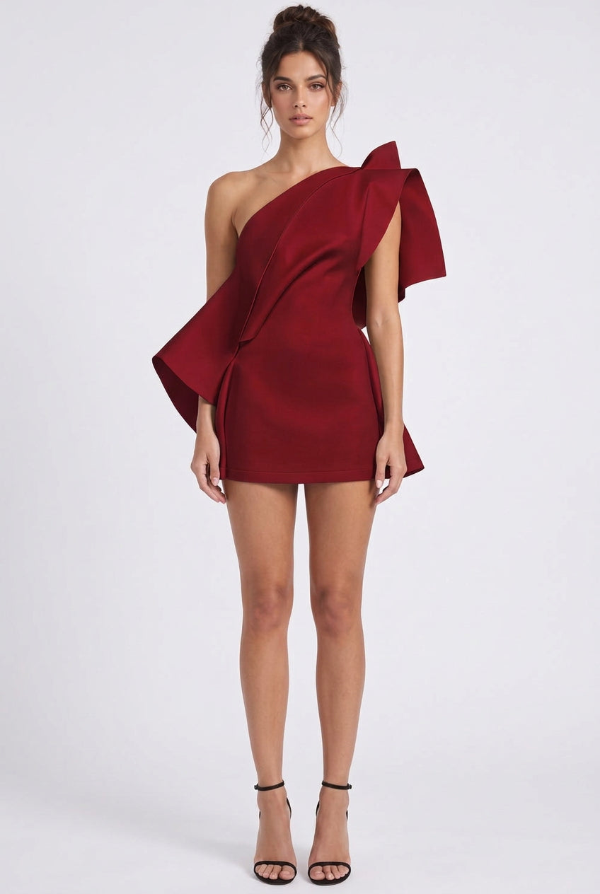 Deep Red One-Shoulder Sculptural Draped Mini Dress Flowering Girl