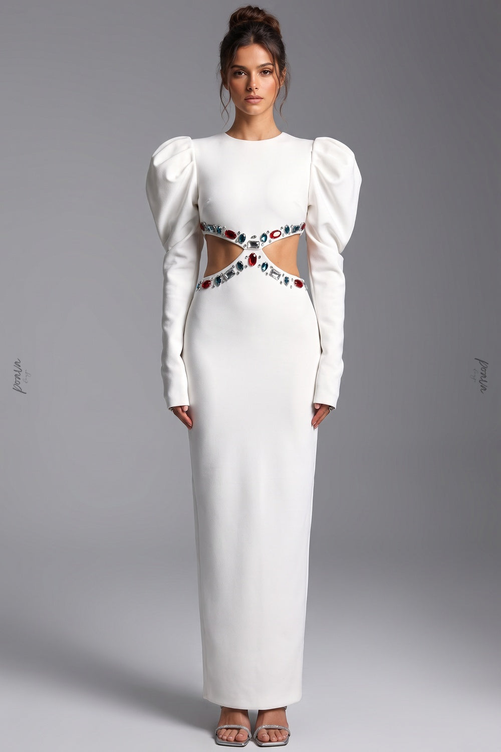 White Heavy Crepe Column Maxi Dress with Puff Shoulders and Crystal Cutouts Flowering Girl