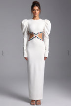 White Heavy Crepe Column Maxi Dress with Puff Shoulders and Crystal Cutouts Flowering Girl