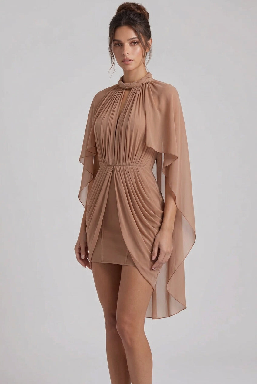 Nude Sheer Chiffon or Georgette Fitted Bodycon Under-Layer with Draped Cape Overlay Mini Dress Flowering Girl