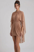 Nude Sheer Chiffon or Georgette Fitted Bodycon Under-Layer with Draped Cape Overlay Mini Dress Flowering Girl