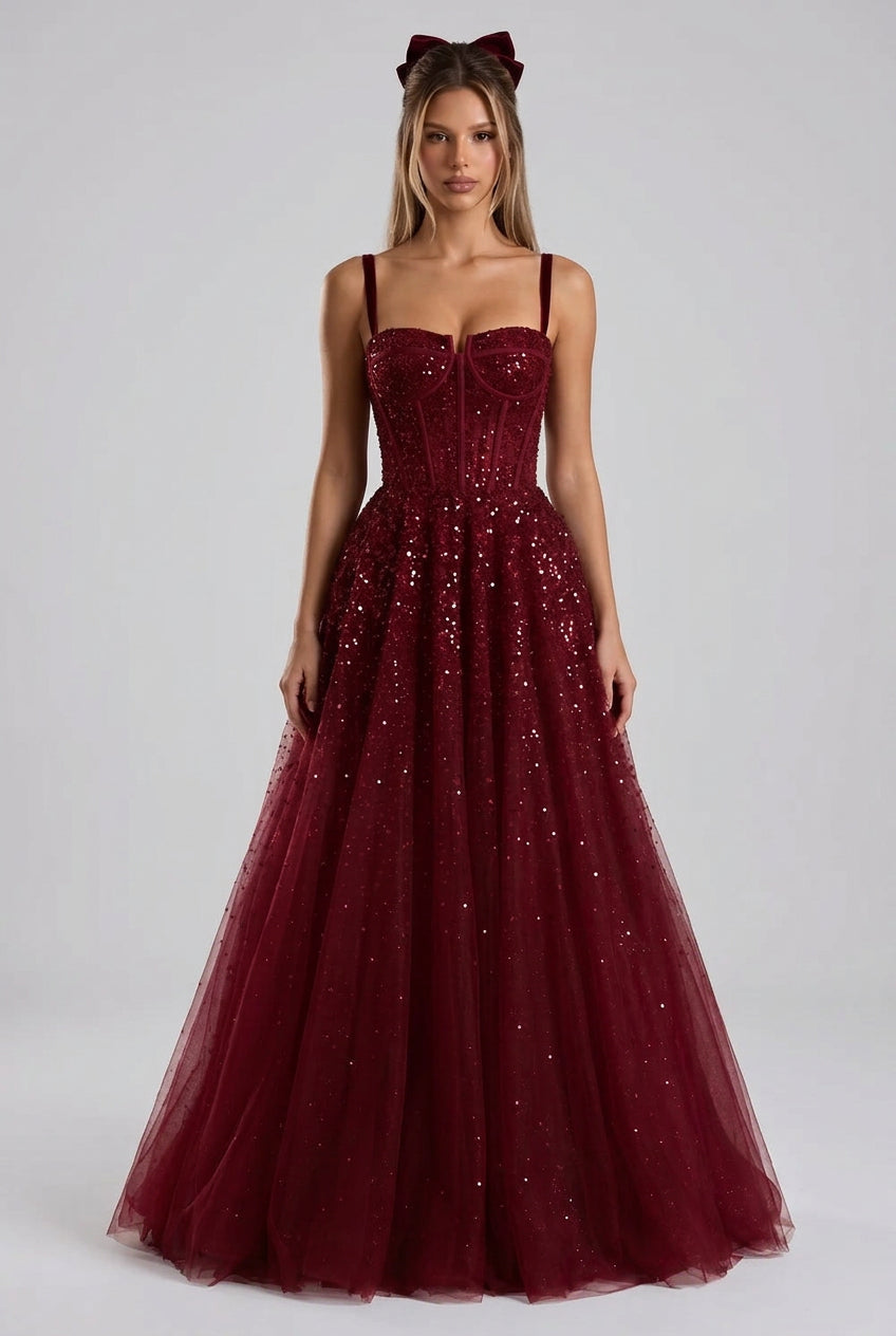 Burgundy Tulle A-Line Evening Gown Flowering Girl