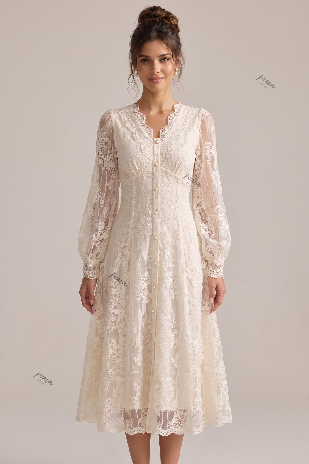 Cream Floral Lace A-Line Midi Dress Flowering Girl