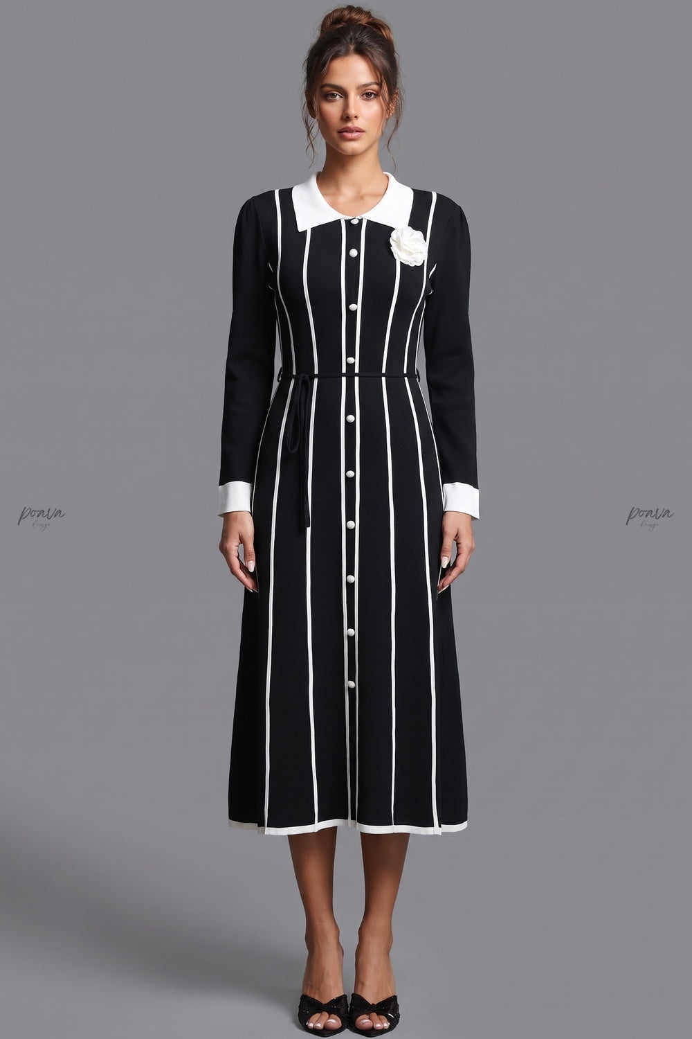 Black Fine-Gauge Ribbed Knit A-Line Midi Dress Flowering Girl