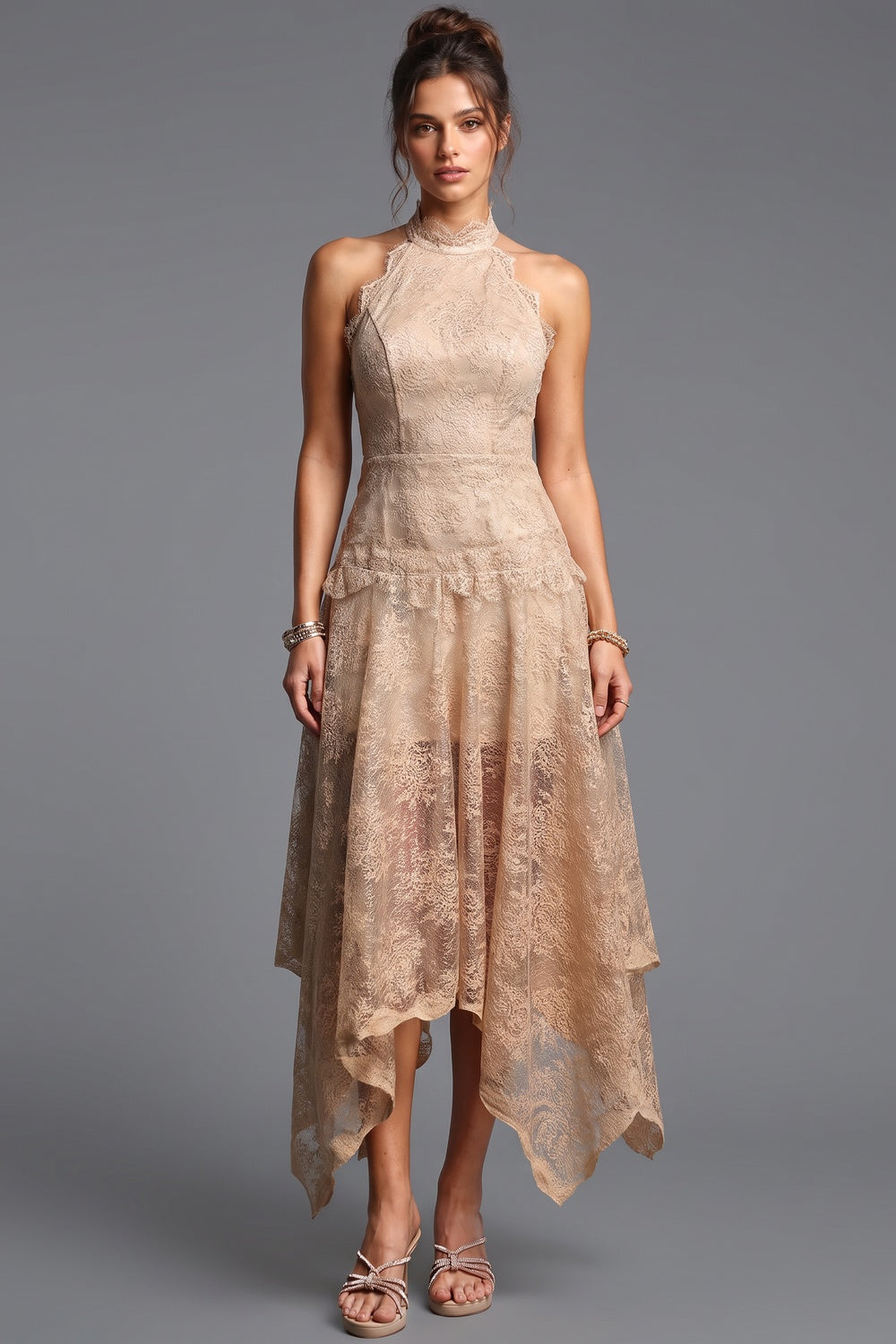 Beige Corded Floral Lace A-Line Midi Dress with Asymmetrical Hem Flowering Girl