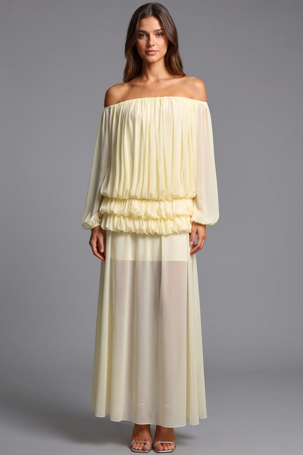 Pale Yellow Chiffon Off-The-Shoulder Blouson Two-Piece Set Flowering Girl