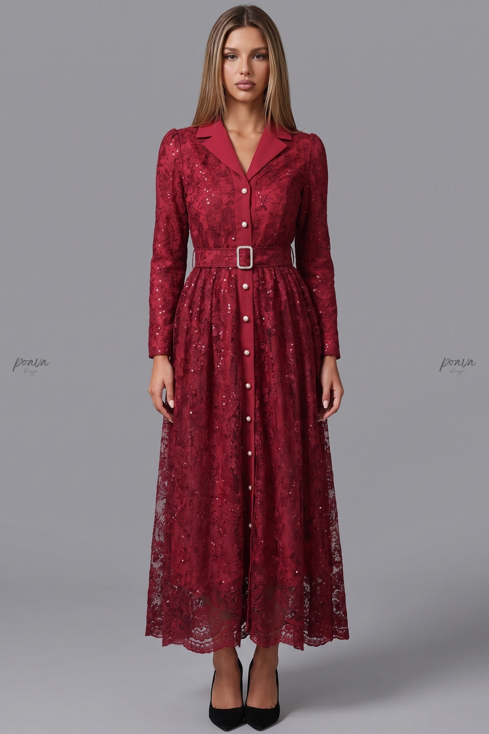 Deep Red Floral Lace A-Line Maxi Dress Flowering Girl