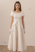 Ivory Floral Lace A-Line Midi Dress with Square Neckline Flowering Girl