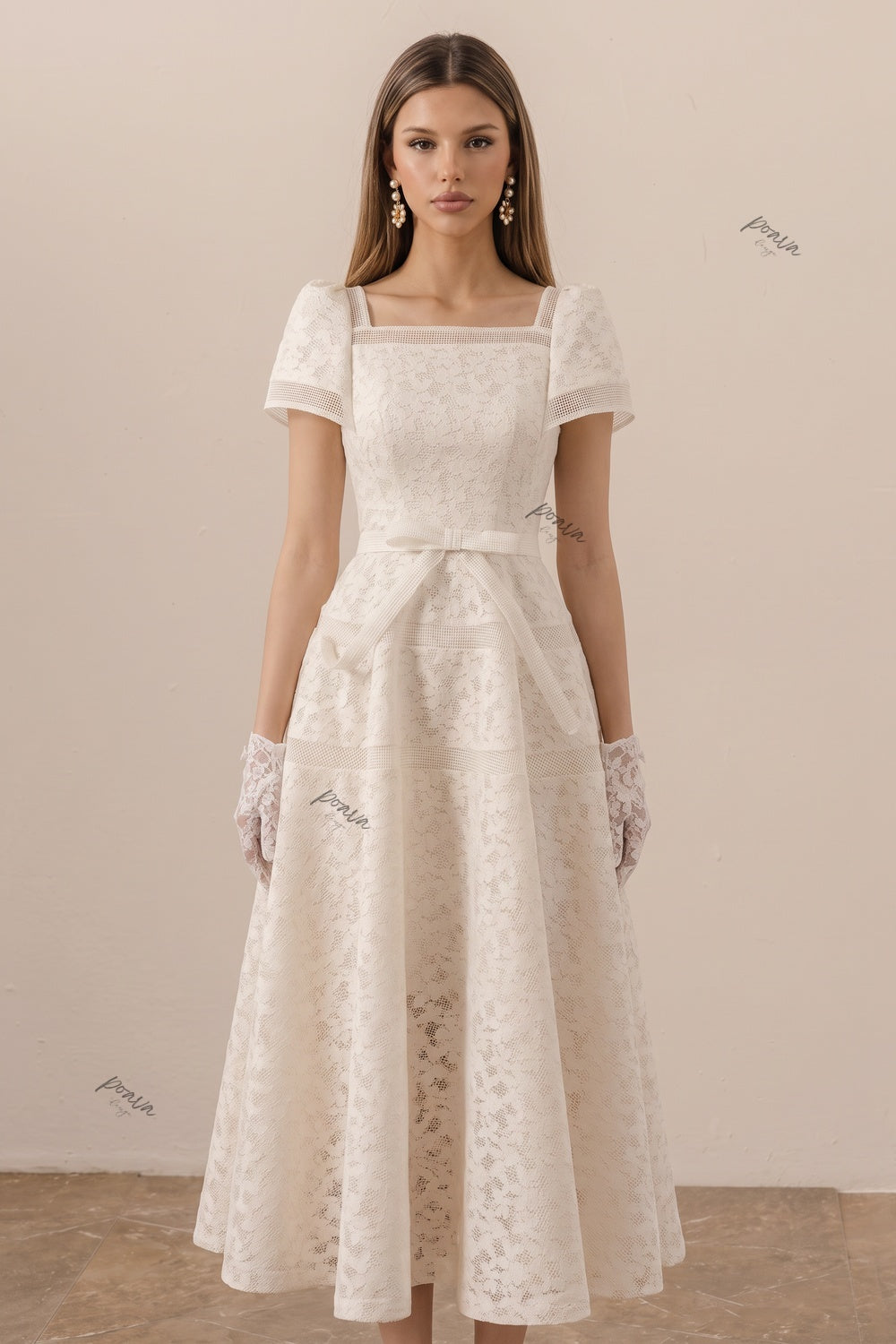Ivory Floral Lace A-Line Midi Dress with Square Neckline Flowering Girl