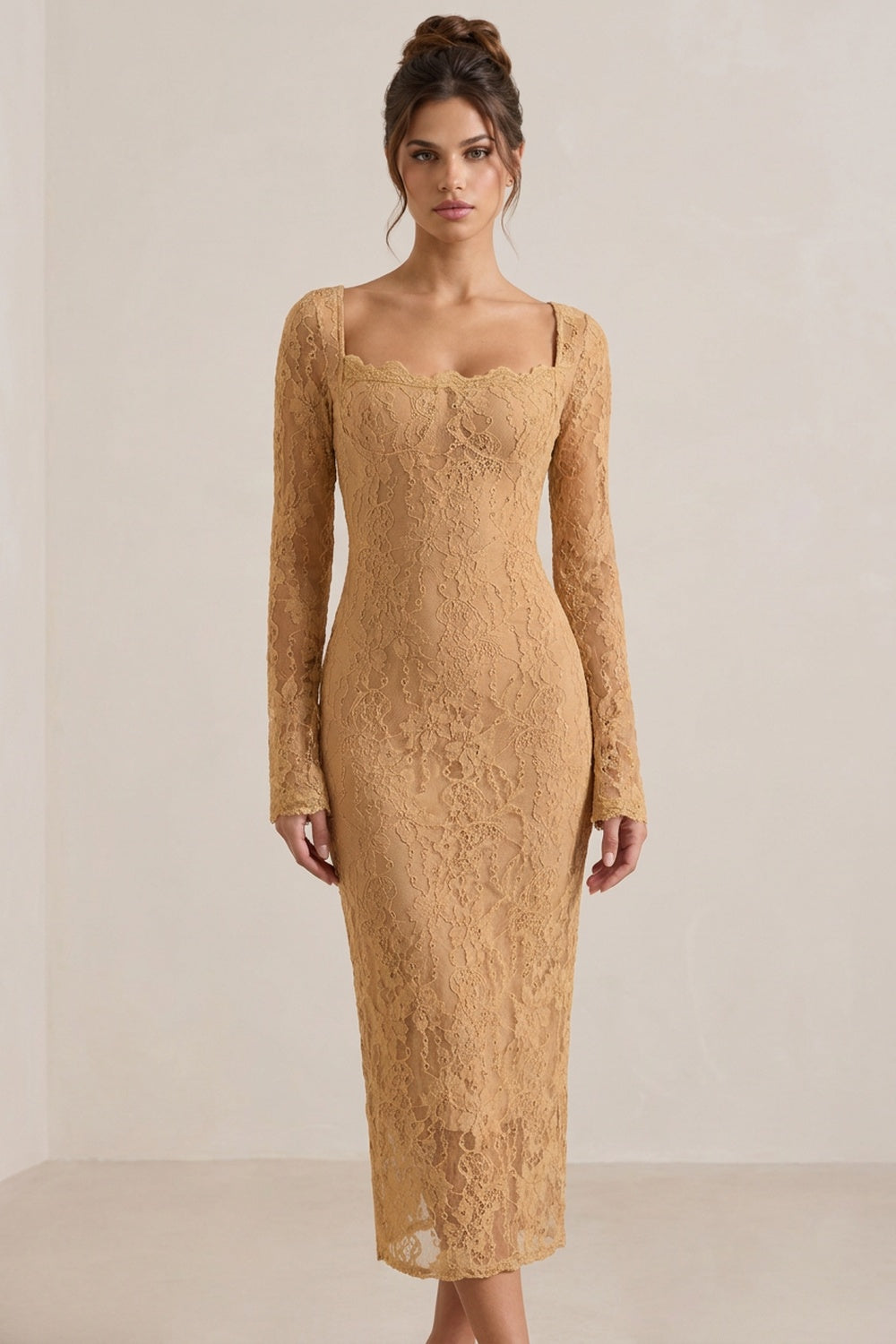 Camel Floral Lace Midi Dress, Square Neck Long Sleeve Bodycon Formal Dress Flowering Girl