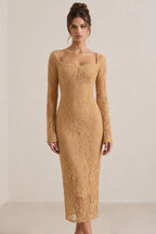 Camel Floral Lace Midi Dress, Square Neck Long Sleeve Bodycon Formal Dress Flowering Girl