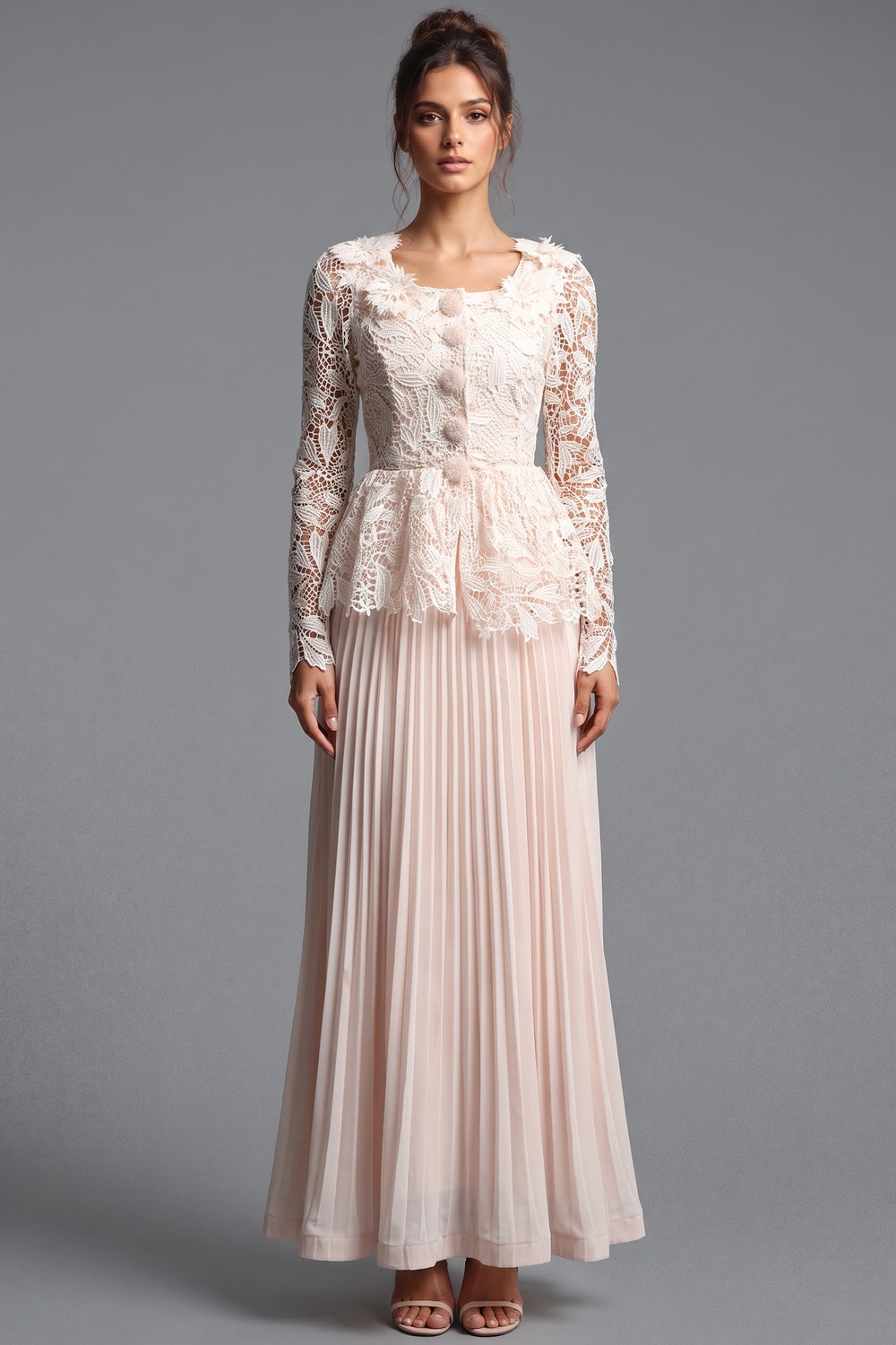 Pale Blush Pink Lace Fitted Peplum Top with A-Line Maxi Skirt Two-Piece Set Flowering Girl