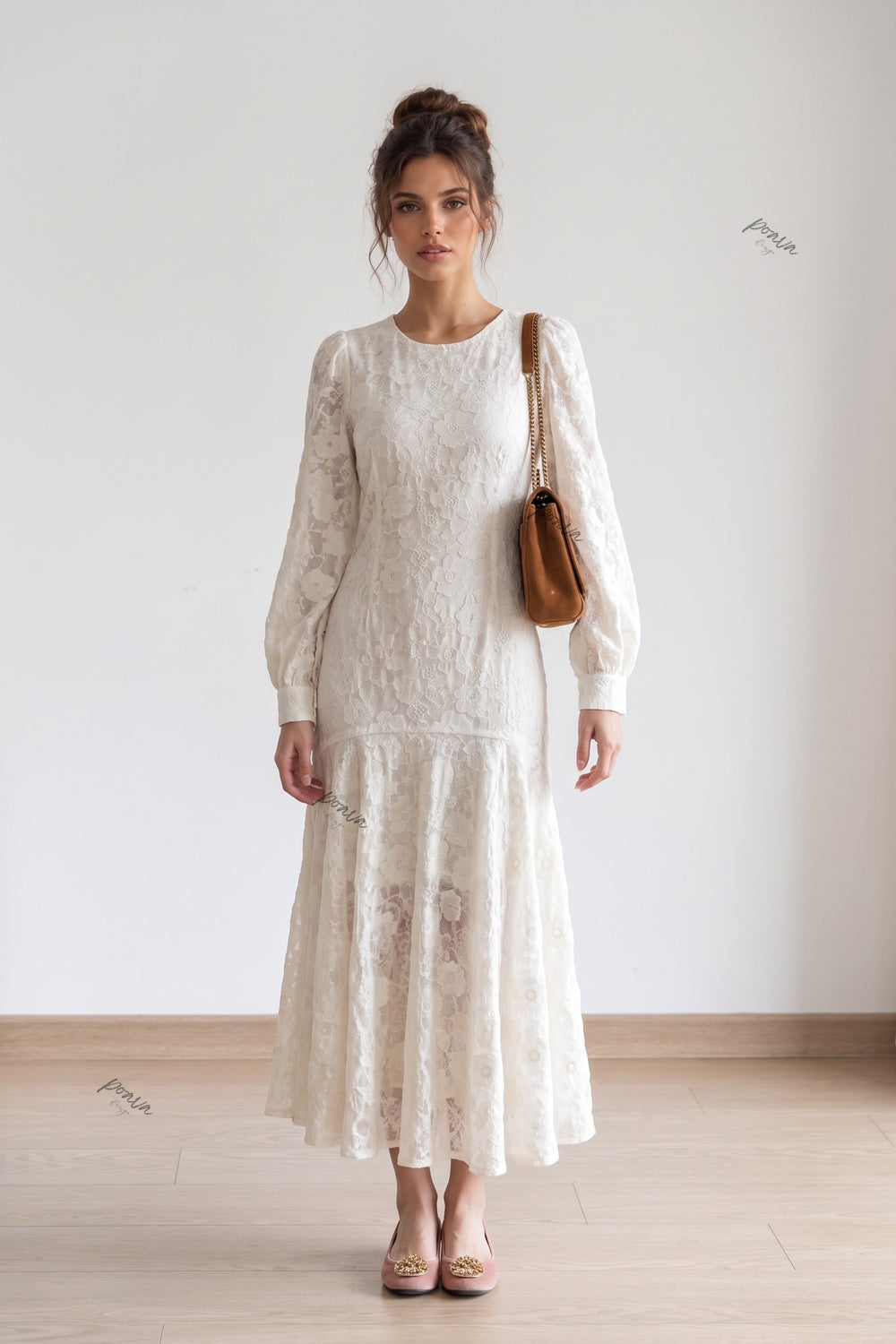 Ivory Lace Drop-Waist Trumpet Dress Flowering Girl