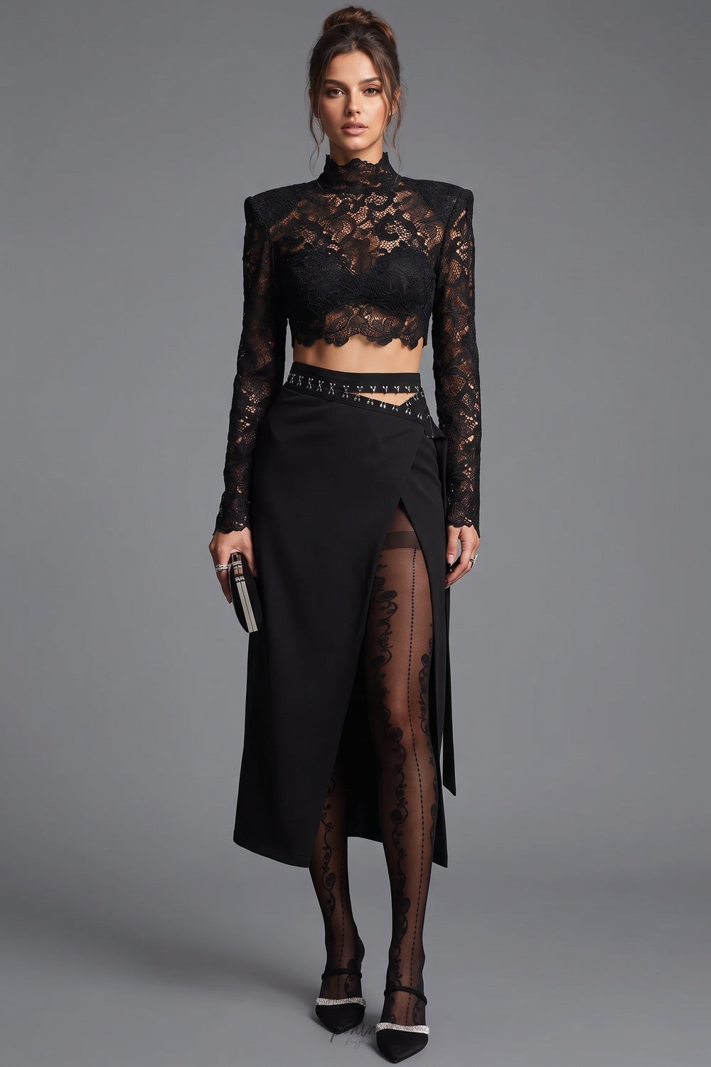 Black Floral Lace Crop Top and Wrap Midi Skirt Two-Piece Set Flowering Girl