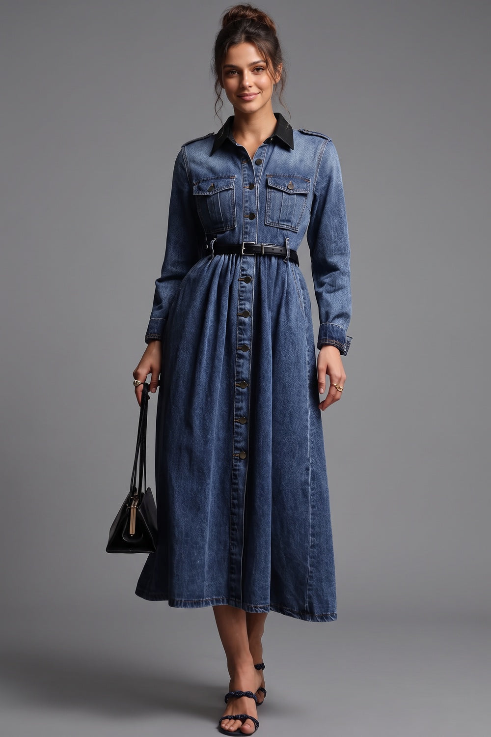 Medium Blue Denim A-Line Shirt Dress with Contrast Collar Flowering Girl