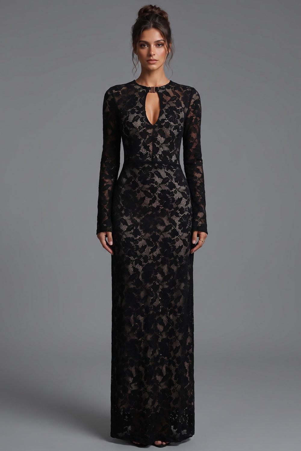 Black Floral Lace Column Gown Flowering Girl