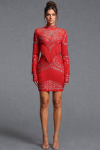 Red Heavy Stretch Knit Bodycon Mini Dress with Silver Crystal Fringe Flowering Girl