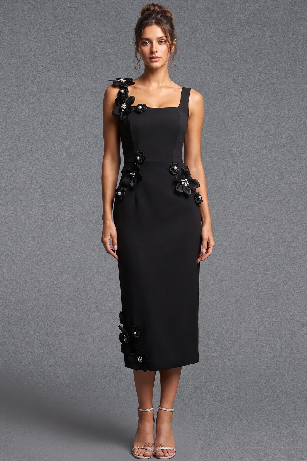 Black Structured Crepe Sheath Midi Dress with 3D Floral Appliqué Flowering Girl