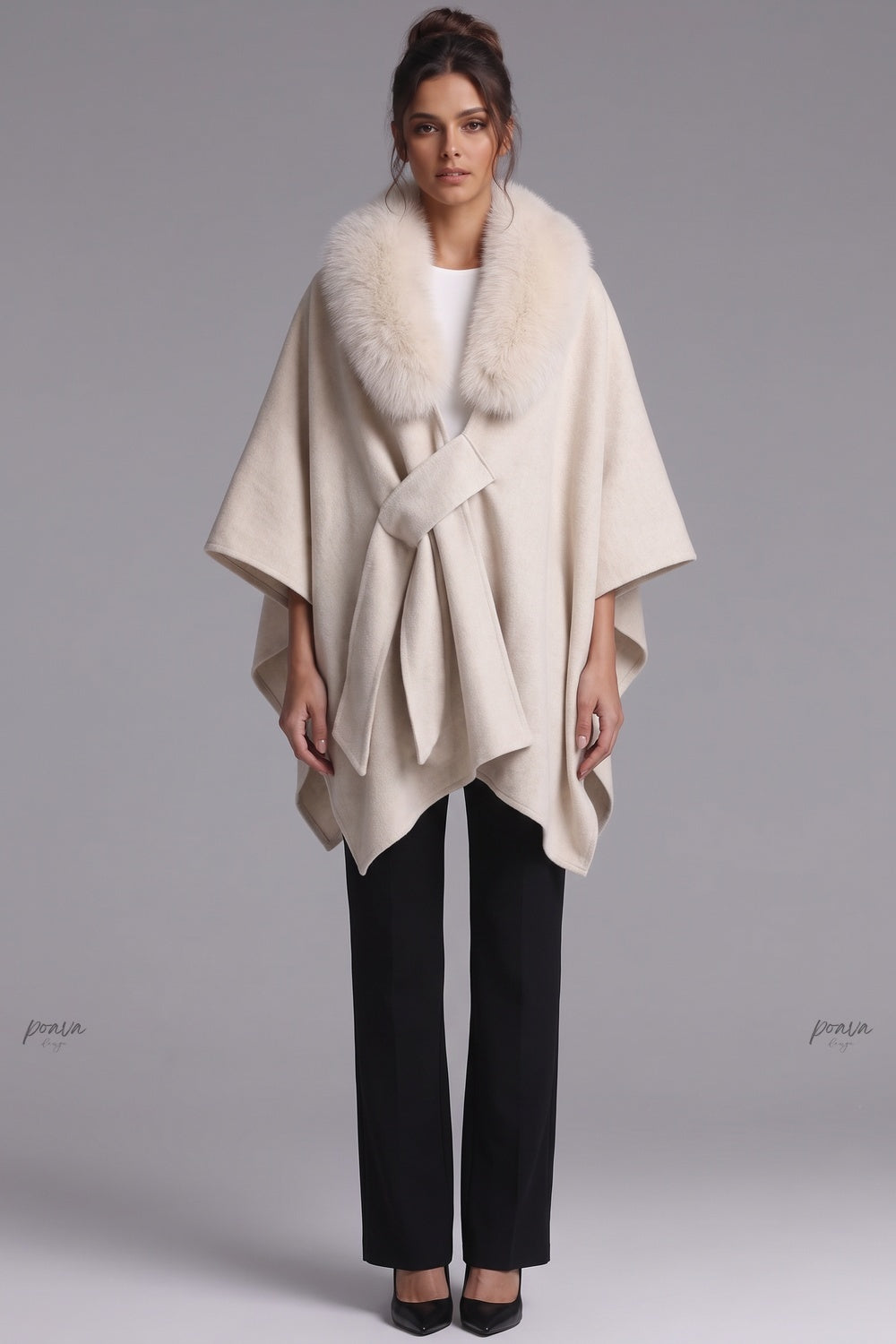 Cream Brushed Wool Blend Draped Wrap Cape Flowering Girl