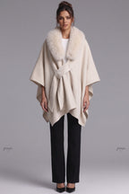 Cream Brushed Wool Blend Draped Wrap Cape Flowering Girl