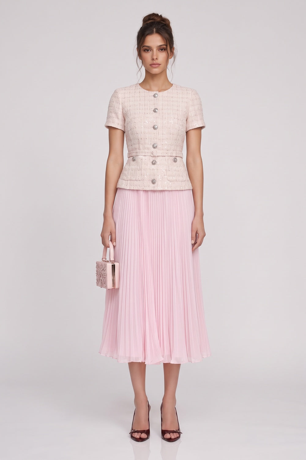 Pale Pink Tweed Fitted Bodice with Peplum and A-Line Skirt Two-Piece Set Flowering Girl
