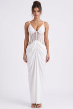 White Crepe Maxi Dress with Corset Lace Bodice and Draped Skirt Flowering Girl