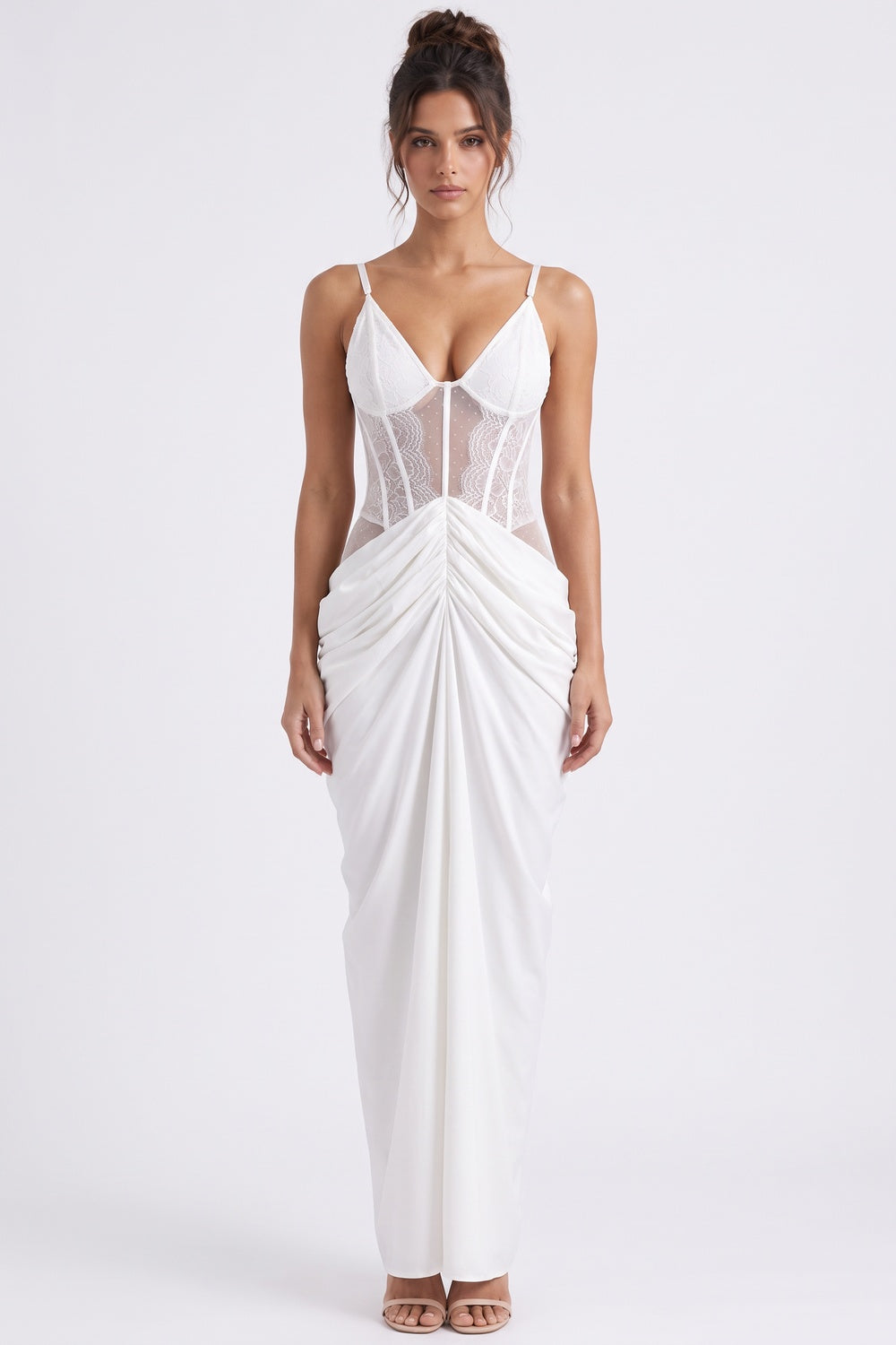 White Crepe Maxi Dress with Corset Lace Bodice and Draped Skirt Flowering Girl