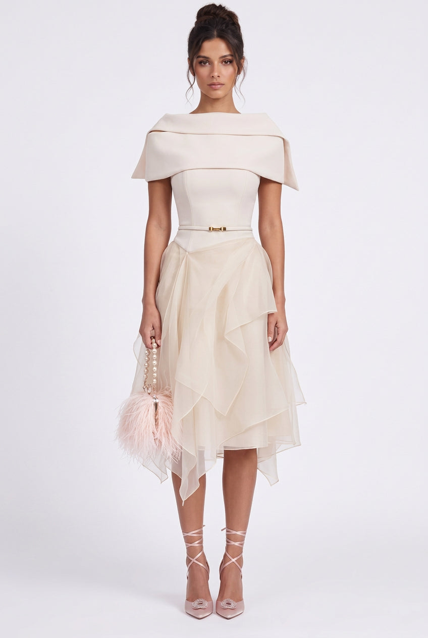 Cream Crepe Off-the-Shoulder Fit-and-Flare Midi Dress Flowering Girl